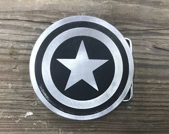 Captain America Metal Belt Buckle | Custom Belt Buckle | Etched Metal | Shield Emblem | America | Marvel Comics
