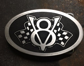 V8 Custom Metal Belt Buckle | Checkered Flags | Ford Belt Buckle | Logo, Antique, Classic, V8, Chevy, Ford, Mopar, Motor, Engine, Racing