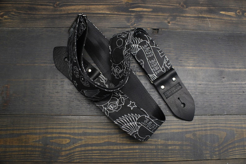 Guitar Strap with Tattoo Flash Illustration Made On Custom Printed Fabric and Seat Belt Material Adjustable Gift for Musician Black image 3