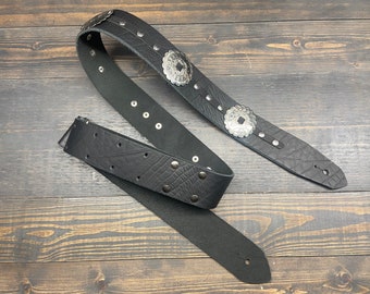 Black Leather Guitar Strap, With Round Western Style Conchos And Rivets