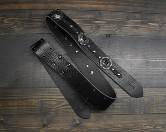Black Leather Guitar Strap With Floral Round Silver Pattern Conchos And Rivets - Custom Guitar Strap - Gift for Musician - Made in USA