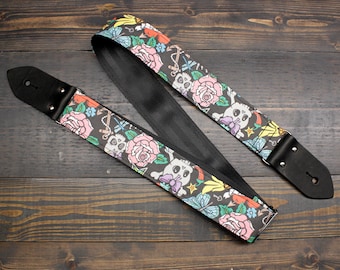 Guitar Strap With Cartoon Tattoo Illustrations - Made On Custom Printed Fabric and Seat belt Material For Easy Adjustments - Custom Guitar