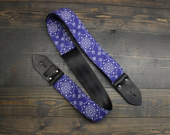 Sangle de guitare avec motif floral bleu en tissu imprimé personnalisé et ceinture de sécurité | Réglable | Cadeau pour musicien