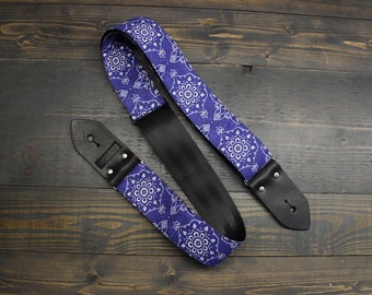 Guitar Strap with Blue Floral Design Made On Custom Printed Fabric and Seat Belt Material | Adjustable | Gift for Musician