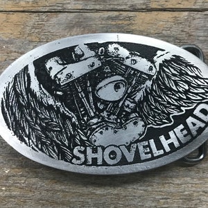 Aangepaste riemgesp, Harley Davidson, riemgesp, Shovelhead, aluminium, geëtst metaal, antiek, klassiek, motorfiets, Milwaukee, Americana