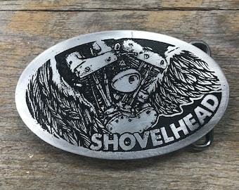 Custom Belt Buckle, Harley Davidson, Belt Buckle, Shovelhead, Aluminum, Etched Metal, Antique, Classic, Motorcycle, Milwaukee, Americana