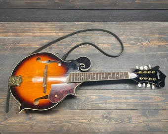 F Style Mandolin Strap Made In Black Leather for Bluegrass, Americana, Roots, Country Musician Gift