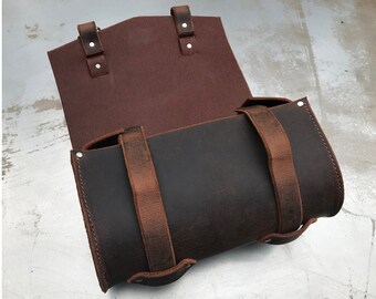 10" Round Brown Leather Motorcycle Tool Bag For Harley - Cowhide, Waterproof (DL DDC29)