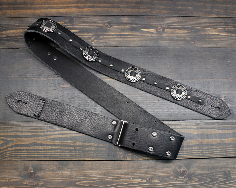 Black Leather Guitar Strap With Western Style Round Star Etsy Norway