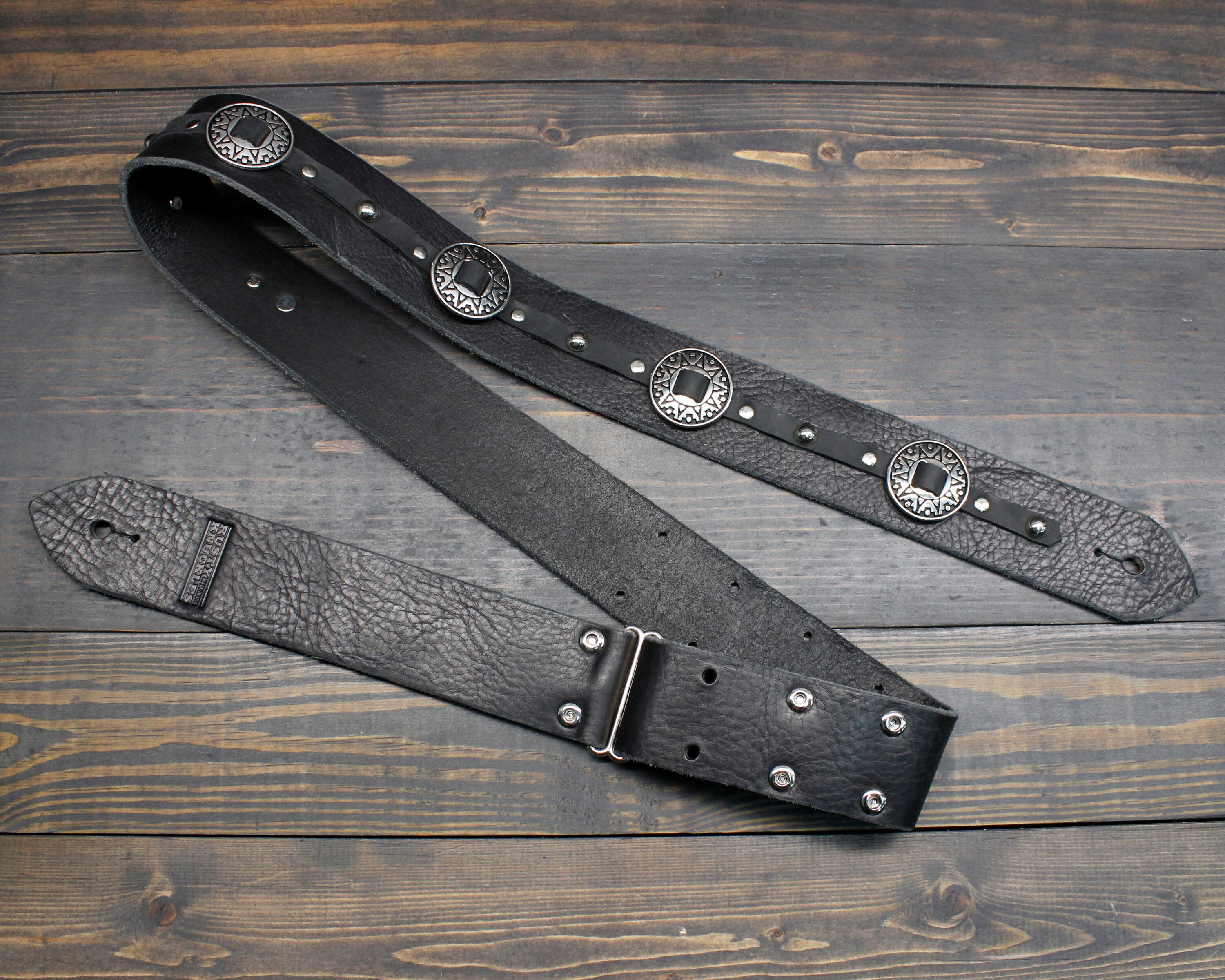 Black Leather Guitar Strap With Western Style Round Star Etsy UK
