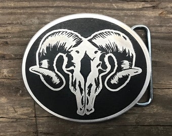 Ram Skull Custom Belt Buckle Made From Heavy Duty Aluminum Plate and Acid Etched To Create The Illustration - Custom Belt Buckle - Rams Head