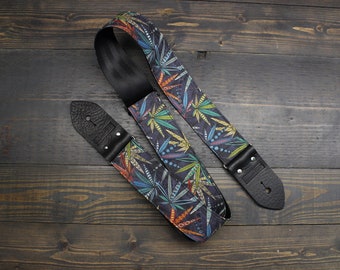 Correa de guitarra con ilustración colorida de marihuana hecha en tela impresa personalizada y material de cinturón de seguridad / Ajustable / Regalo para músicos