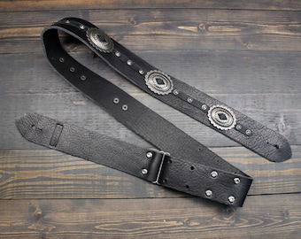 Black Leather Guitar Strap, With Western Style Conchos And Rivets