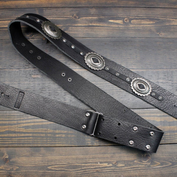 Black Leather Guitar Strap, With Western Style Conchos And Rivets