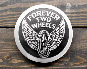 Forever Two Wheels Belt Buckle That is Etched Metal - A Classic Wheel and Wings Logo Design For Motorcycle Enthusiasts - Gift for Biker