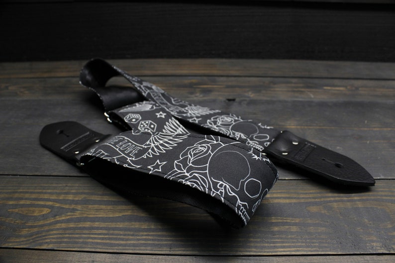 Guitar Strap with Tattoo Flash Illustration Made On Custom Printed Fabric and Seat Belt Material Adjustable Gift for Musician Black image 2