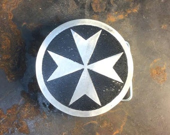 Maltese Cross Metal Belt Buckle | Etched Metal Custom Belt Buckle | Christian, Templar, European, Iron Cross | Made In USA