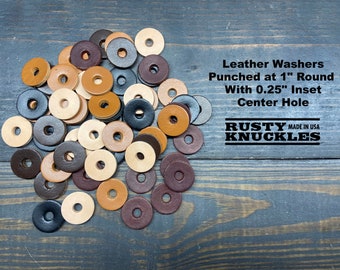 Leather Washers Punched at 1" Inch Round With 1/4" or 0.25" Inset Center Hole, Made In USA