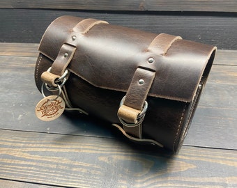 Dark Brown Leather Motorcycle Tool Bag Designed To Be The Perfect Accessory Bag For Your Harley Davidson, Indian Or Custom Bike