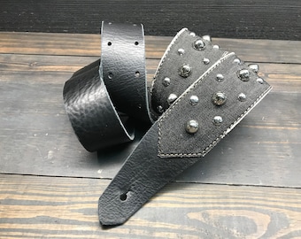 Black Leather and Denim Guitar Strap Made With Studs and Domed Spikes. A True Custom Look | Gift for Musician | Adjustable