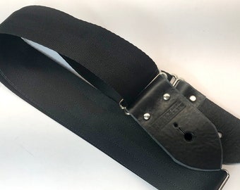 Black Guitar Strap Made From Seat Belt Material With Leather Ends For Quick And Easy Adjustments - Custom Guitar Strap - Made In USA