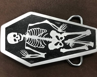 Skeleton Metal Belt Buckle - Coffin Belt Buckle - Custom Belt Buckle - Made In USA - Halloween, Casket, Death, Bones, Skull - Gift For Guys