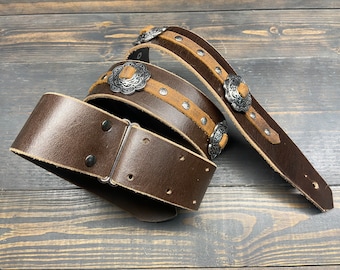 Two Tone Brown Leather Guitar Strap, With Round Western Style Conchos And Rivets