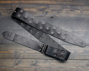 Black Leather Guitar Strap Personalized with Eyelets For the Musician Who Wants Unique and Custom Gear - Custom Black Guitar Strap - Punk