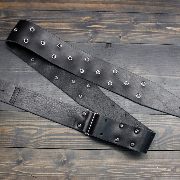 Black Leather Guitar Strap Personalized with Eyelets For the Musician Who Wants Unique and Custom Gear - Custom Black Guitar Strap - Punk