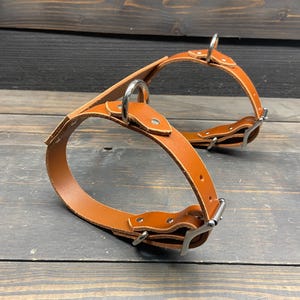 May include: A tan leather dog harness with silver-colored metal hardware. The harness has two circular rings and adjustable straps. The background is a dark wooden surface.