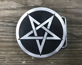 Pentagram Custom Belt Buckle Created By Etching Metal on Heavy Duty Aluminum Plate - Custom Metal Buckle - Unique Gift - Pagan Symbol