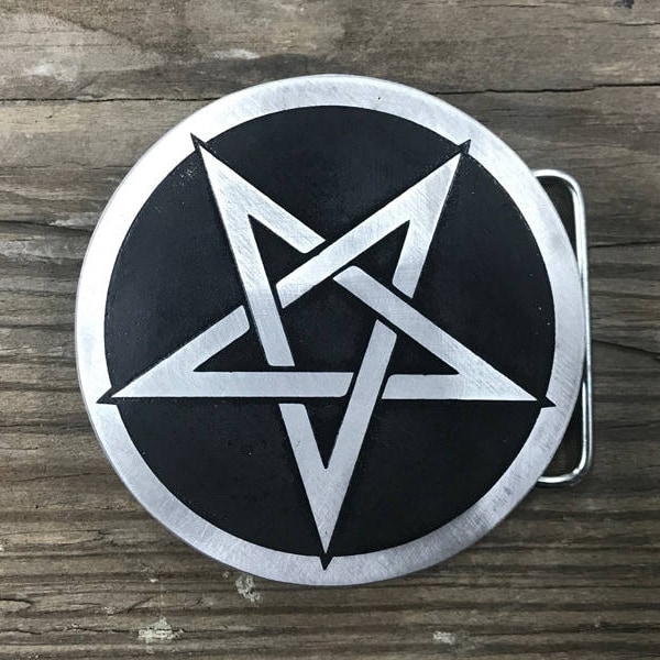 Pentagram Custom Belt Buckle Created By Etching Metal on Heavy Duty Aluminum Plate - Custom Metal Buckle - Unique Gift - Pagan Symbol