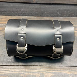 Motorcycle Tool Bag In Black Leather, Designed To Be The Perfect Accessory Bag For Your Harley Davidson, Indian Or Custom Bike, Made In USA