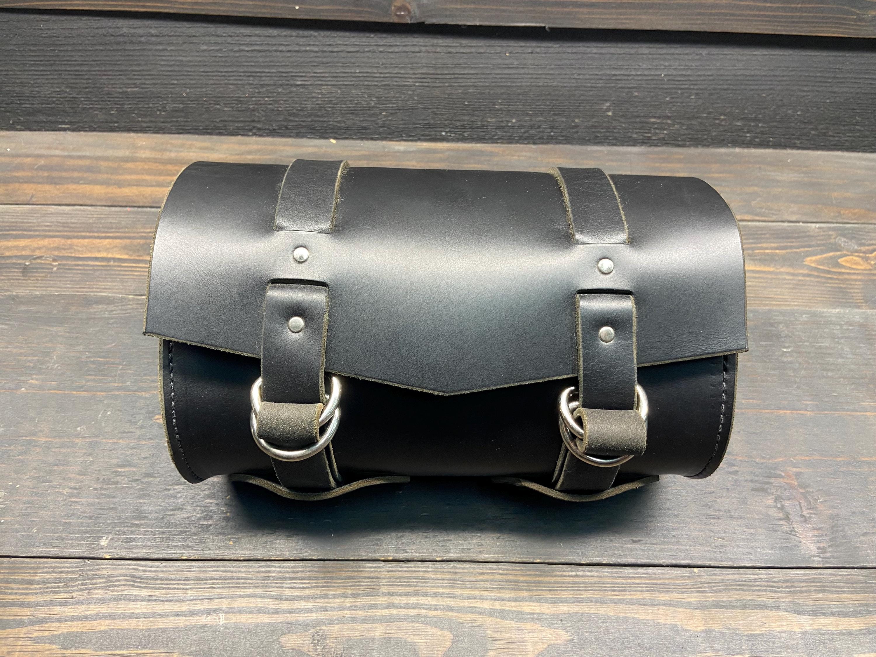 Motorcycle Tool Bag In Black Leather, Designed To Be The Perfect Accessory Bag For Your Harley Davidson, Indian Or Custom Bike, Made In USA
