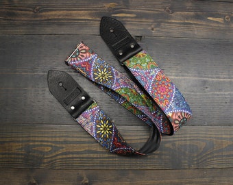 Guitar Strap with Colorful Kaleidoscope Illustration Made On Custom Printed Fabric and Seat Belt Material | Adjustable | Gift for Musician