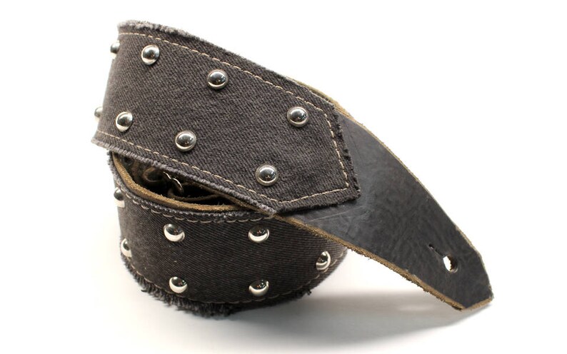 Black Leather Guitar Strap Denim Guitar Strap Punk Rock Etsy
