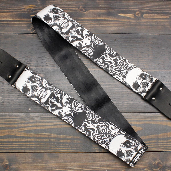 Guitar Strap With Skull And Flames Made On Custom Printed Fabric and Seat belt Material For Easy Adjusting - Made in USA - Custom Guitar