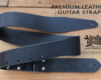 Black Leather Guitar Strap Traditional Style - Custom Guitar Strap - Gift for Musician - Made in USA   Handmade and Built To Last