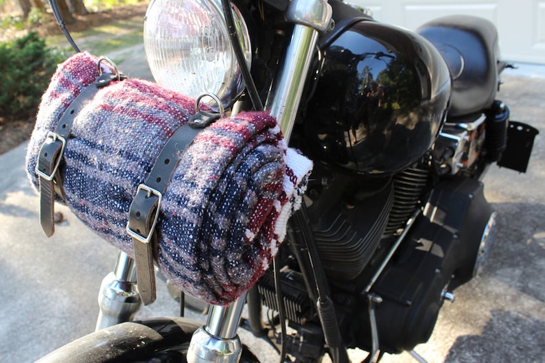 Motorcycle Bed or Jacket Roll Made With Black Leather Straps - Mexican Blanket - Shovelhead, Panhead, Harley Davidson, Chopper | Made In USA