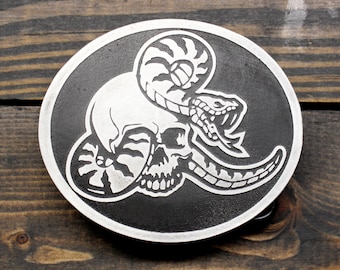 Snake and Skull Handmade Custom Belt Buckle Made of Etched Metal - Great Gift for Men - Iconic Image - Made in USA