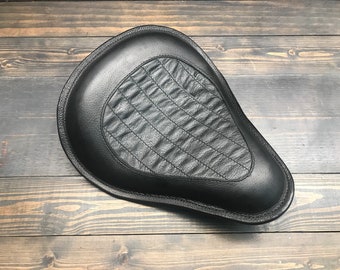 Motorcycle Seat In Black Pleats Stitched Leather, Hand Made For Your Bobber, Chopper or Custom Bike, Made In USA
