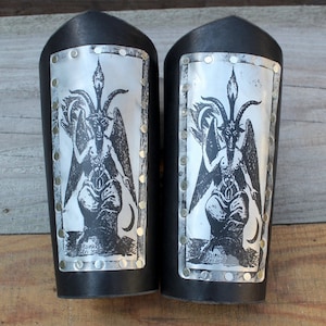 Baphomet Leather Bracers with etched Aluminum Plate -  Leather Bracers - Goth, Punk, Witch, Pagan, Metal, Heavy Metal, Occult, Halloween