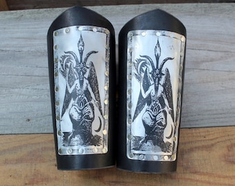 Baphomet Leather Bracers with etched Aluminum Plate -  Leather Bracers - Goth, Punk, Witch, Pagan, Metal, Heavy Metal, Occult, Halloween