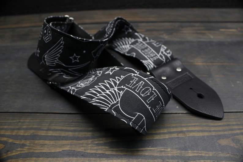 Guitar Strap with Tattoo Flash Illustration Made On Custom Printed Fabric and Seat Belt Material Adjustable Gift for Musician Black image 4