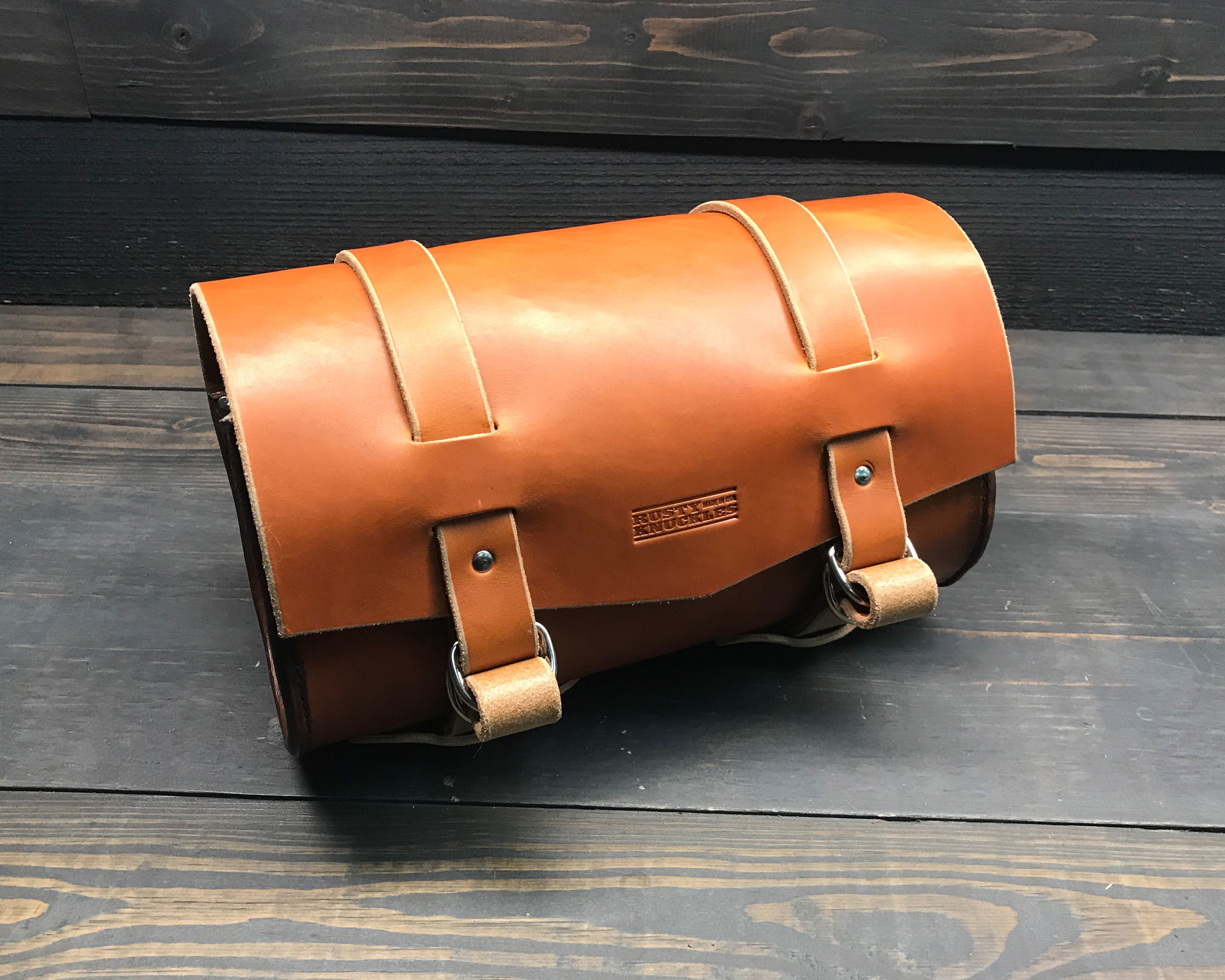 Tan Motorcycle Genuine Leather Tool Bag Front Rear Handlebar 