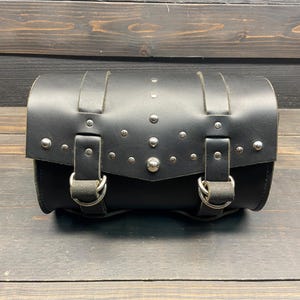 Motorcycle Tool Bag In Black Leather With Studs, For Your Harley Davidson, Indian Or Custom Bike, Made In USA