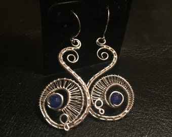 Sterling Silver Earrings, Handmade Jewelry, Sapphire Earrings, Woven Wire Jewelry by ArtofAngie, AOA Jewelry, Blue and White Earrings