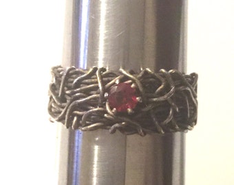 Unique Wedding Band, Rustic Wedding Ring, Oxidized Silver Band, Wide Band Ring, Garnet Ring