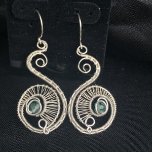 Sterling Silver Earrings, Handmade Jewelry, Spotted Emerald Earrings, Woven Wire Jewelry by ArtofAngie