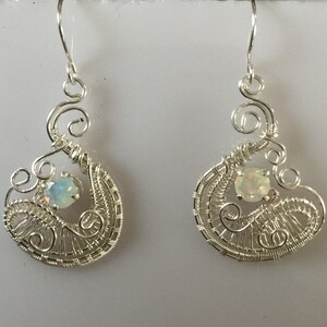 Silver and Ethiopian Opal Swan Earrings, Wire Wrapped Jewelry Handmade,Twisted Wire Jewelry, Unique Earrings, Hoop Earrings
